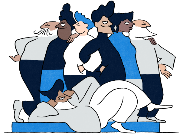 A group of diverse people posing together, cartoon style, flat colors, simple background