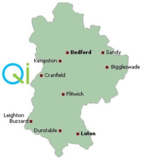 map of bedfordshire with QI logo