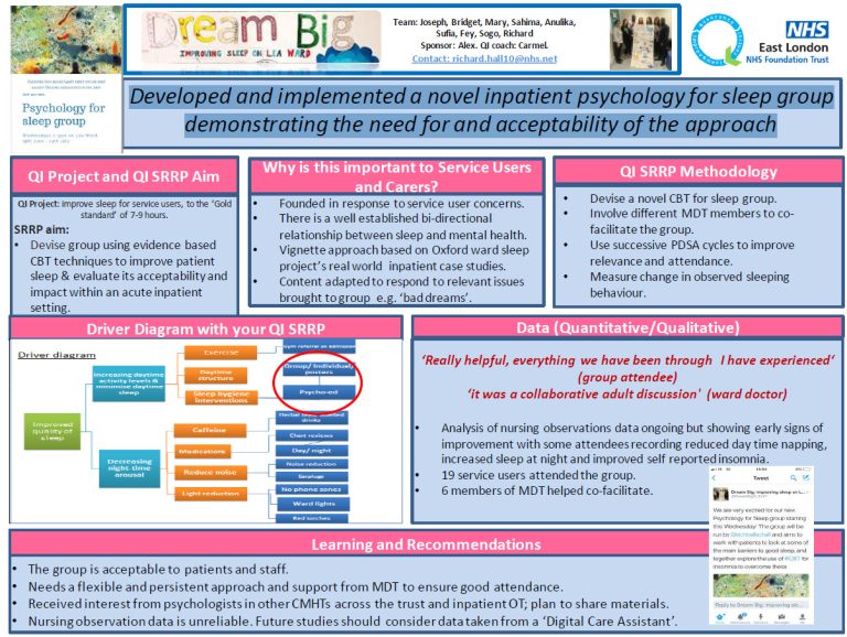 Developed and implemented a novel inpatient psychology for sleep group demonstrating the need for and acceptability of the approach