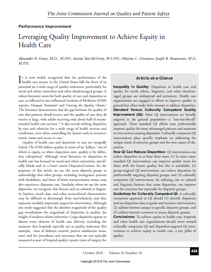 Leveraging Quality Improvement to Achieve Equity in Health Care
