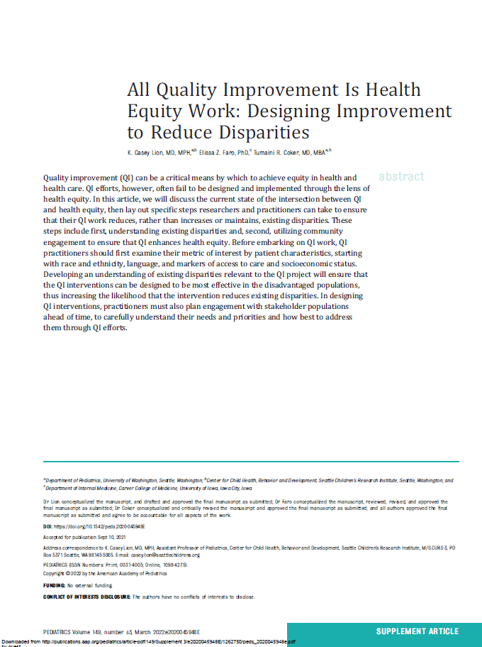 All Quality Improvement Is Health Equity Work Designing Improvement to Reduce Disparities