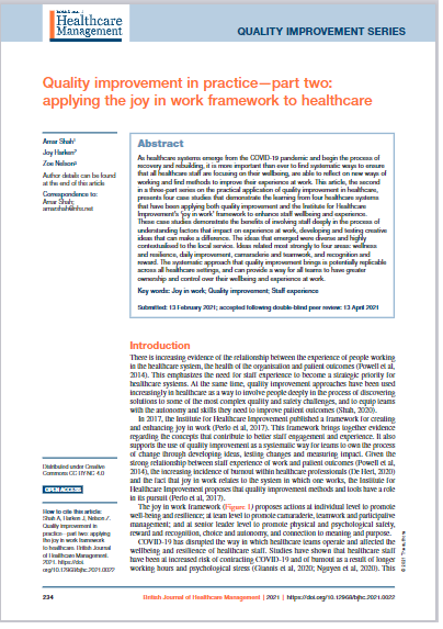 Quality improvement in practice—part two: applying the joy in work framework to healthcare