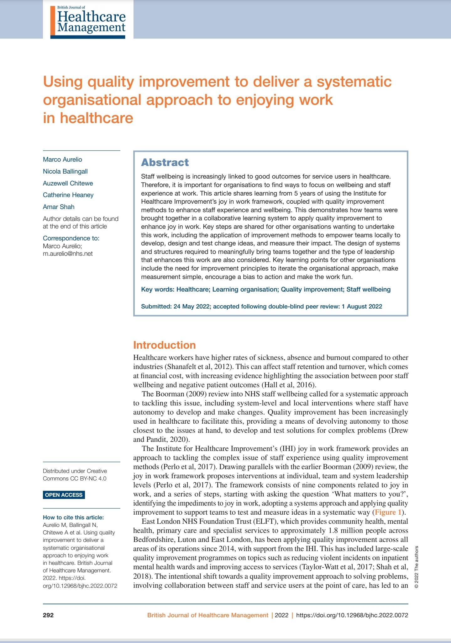 Using Quality Improvement to deliver a systematic organisational approach to enjoying work in healthcare