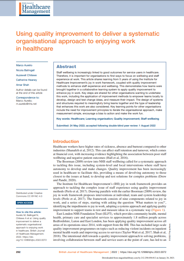 Latest Publication on How to use Quality Improvement to improving wellbeing and joy in work