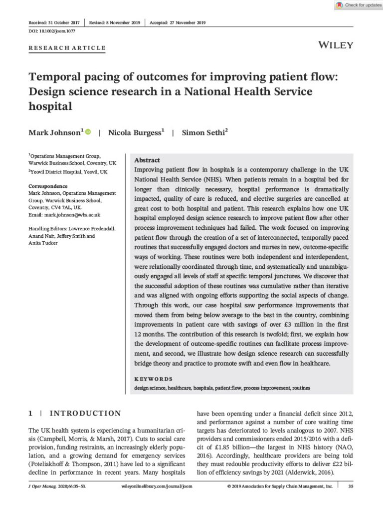 Temporal pacing of outcomes for improving patient flow: Design science research in a National Health Service hospital