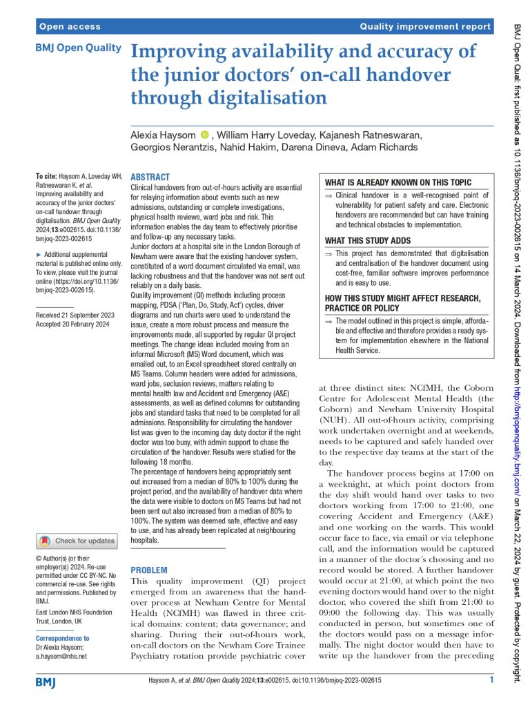 Improving availability and accuracy of the junior doctors’ on-call handover through digitalisation