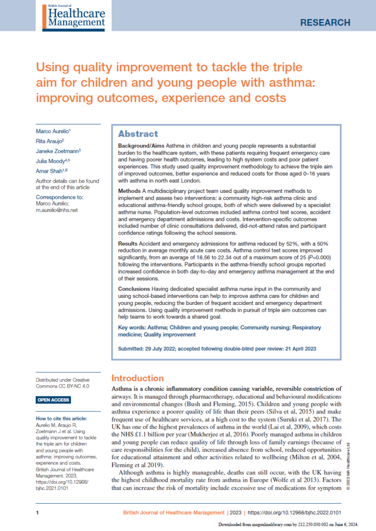 Using quality improvement to tackle the triple aim for children and young people with asthma: improving outcomes, experience and costs