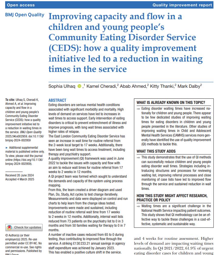 Improving capacity and flow in a children and young people’s Community Eating Disorder Service (CEDS)