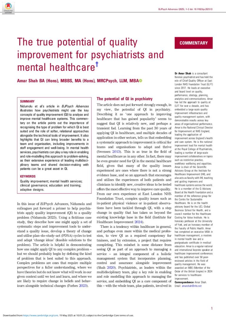 The true potential of quality improvement for psychiatrists and mental healthcare