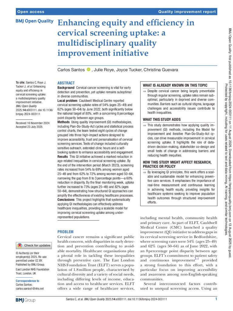 Enhancing Equity and Efficiency in Cervical Screening Uptake: A Multidisciplinary Quality Improvement Initiative