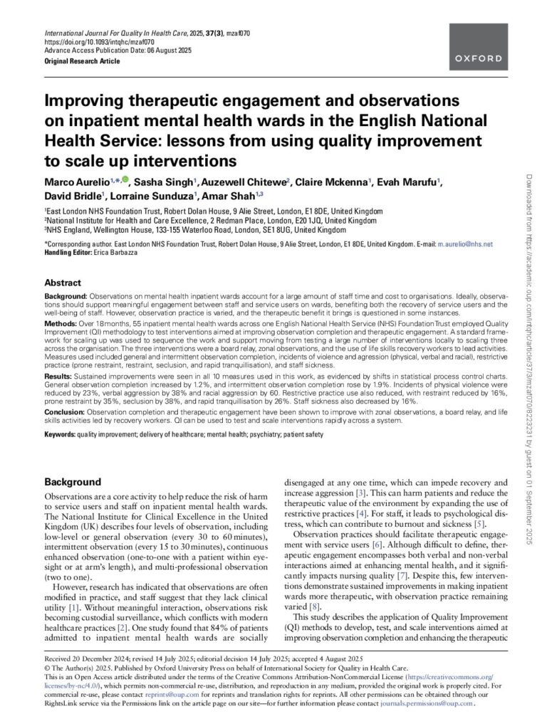 Improving therapeutic engagement and observations on inpatient mental health wards in the English National Health Service: lessons from using quality improvement to scale up interventions