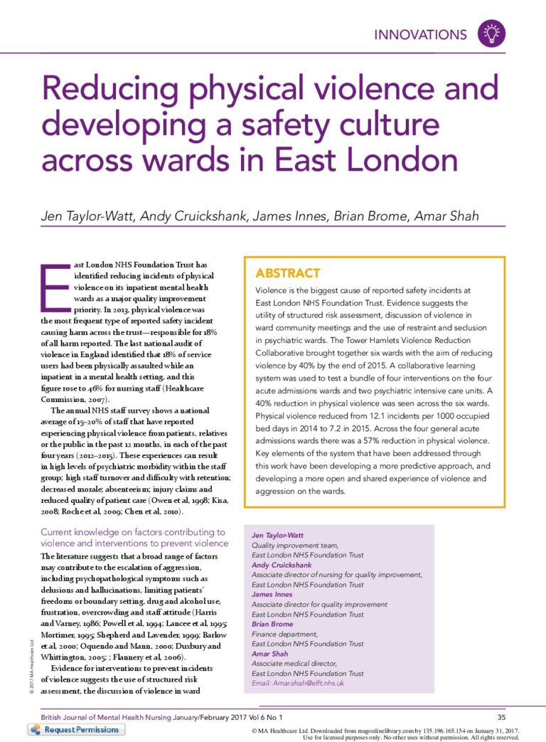 Reducing physical violence and developing a safety culture across wards in East London
