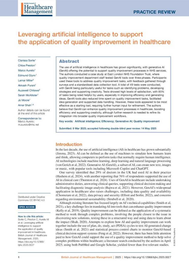 Leveraging artificial intelligence to support the application of quality improvement in healthcare