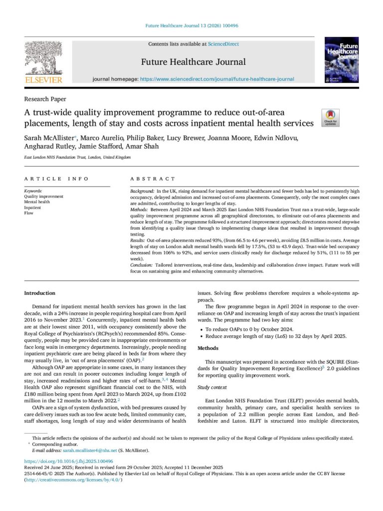 A trust-wide quality improvement programme to reduce out-of-area placements, length of stay and costs across inpatient mental health services