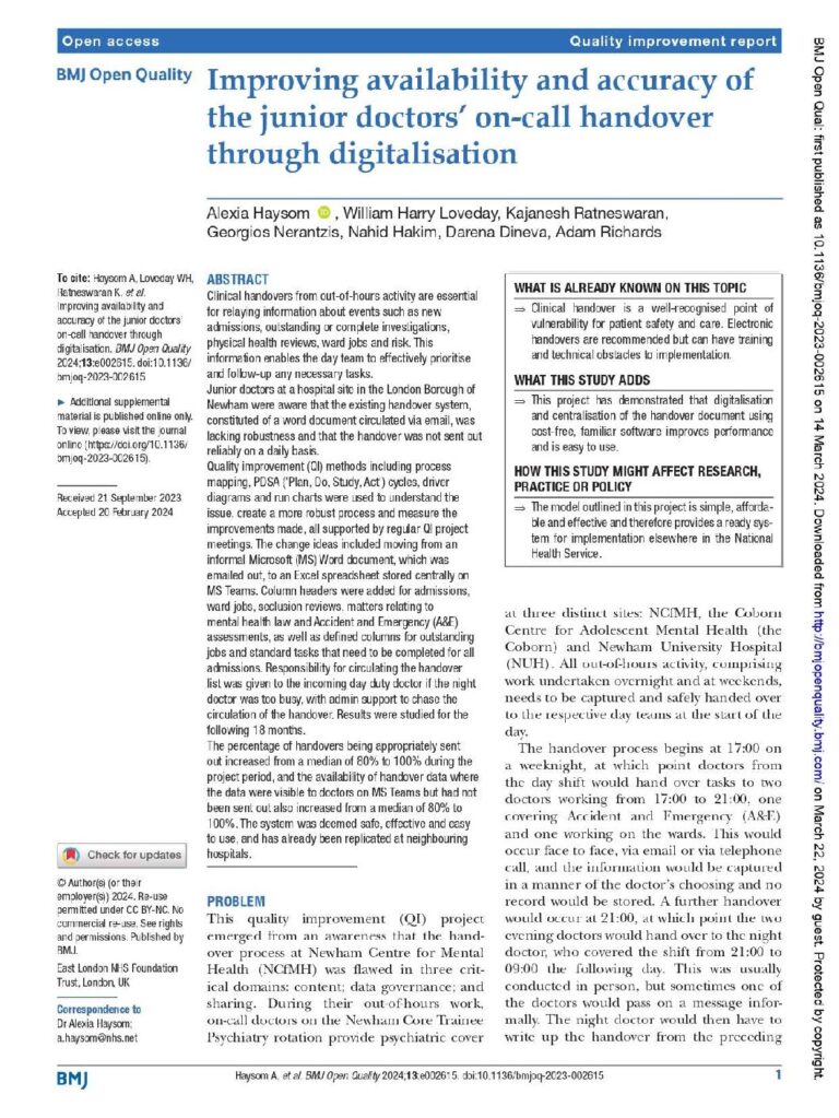 Improving availability and accuracy of the junior doctors’ on-call handover through digitalisation