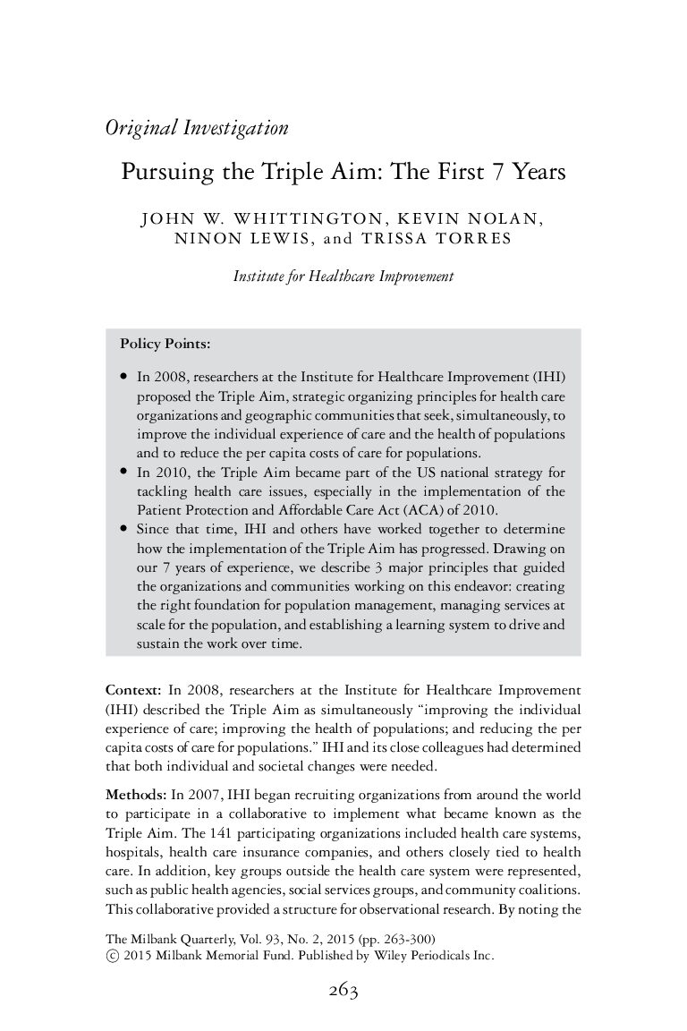 Pursuing the Triple Aim