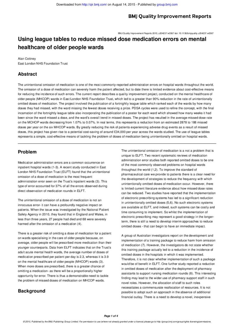 Using league tables to reduce missed dose medication errors on mental healthcare of older people wards (BMJ Quality)