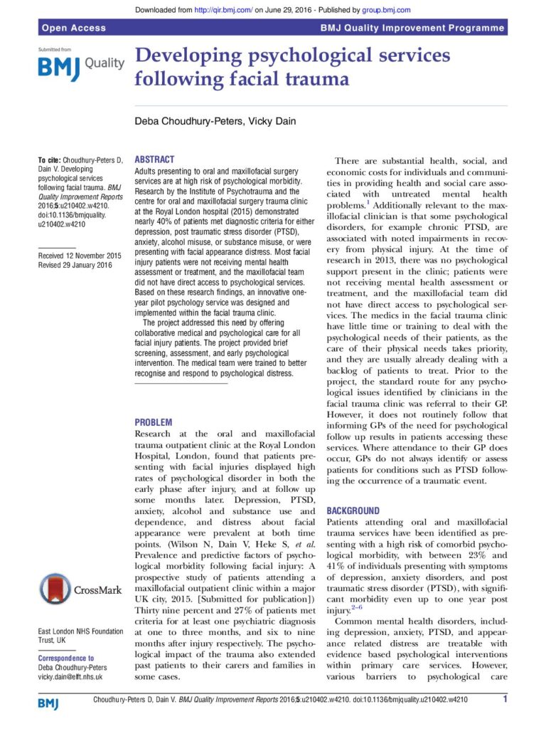 Developing Psychological Services following Facial Trauma (BMJ Quality)