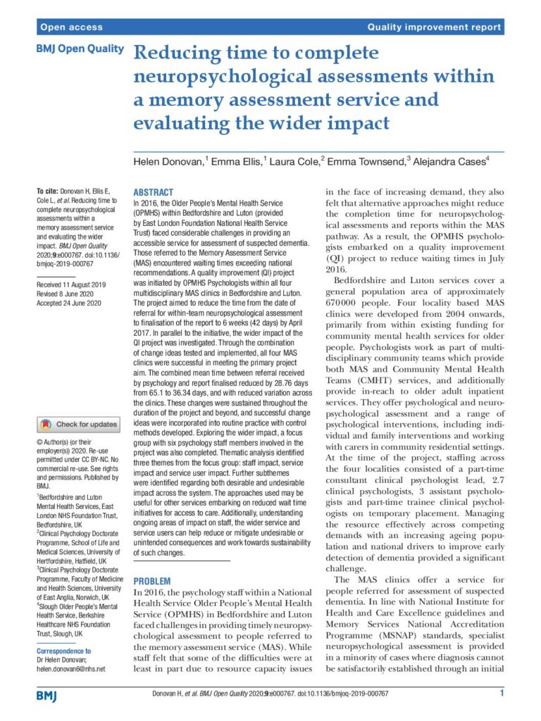 Reducing time to complete neuropsychological assessments within a memory assessment service and evaluating the wider impact