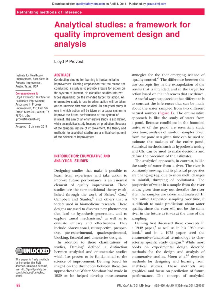Analytical Studies a Framework for Quality Improvement Design and Analysis