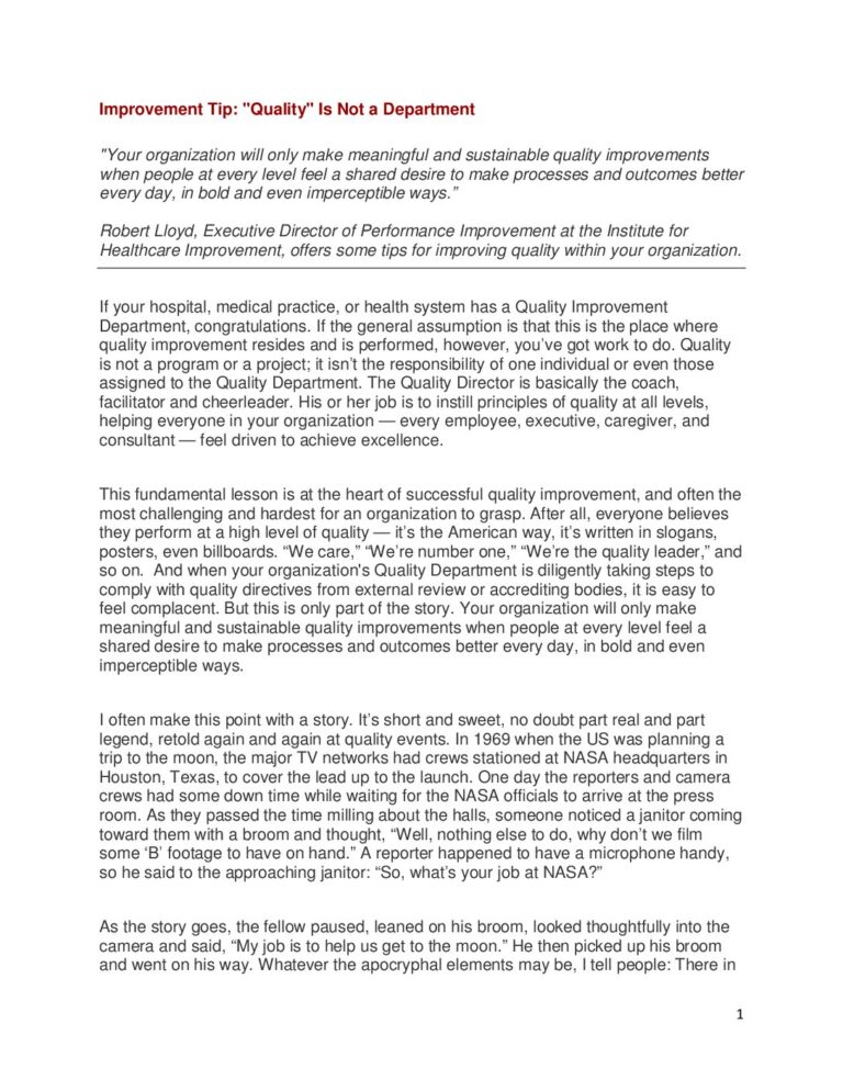 Improvement Tip: ‘Quality’ is Not a Department