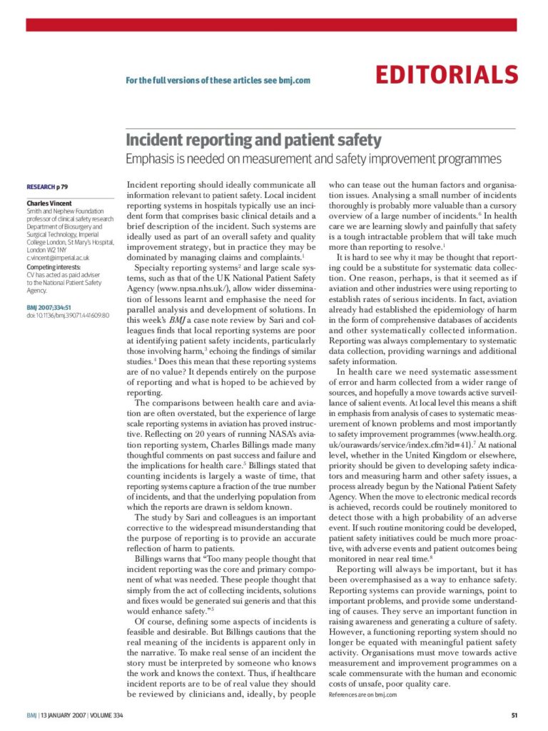 Incident Reporting and Patient Safety