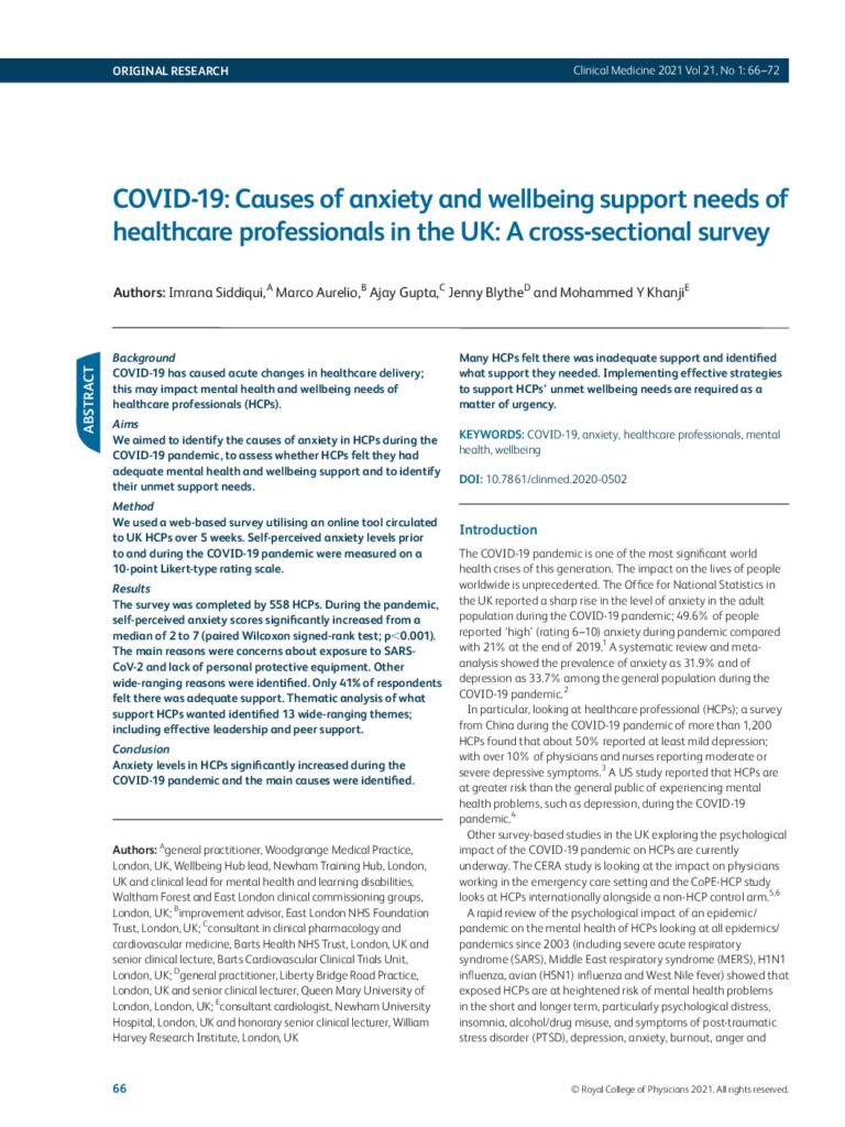 COVID-19: Causes of anxiety and wellbeing support needs of healthcare professionals in the UK: A cross-sectional survey