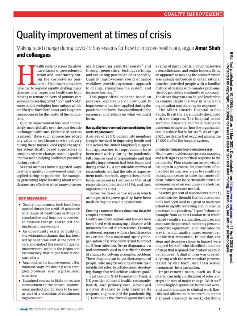 Quality improvement at times of crisis